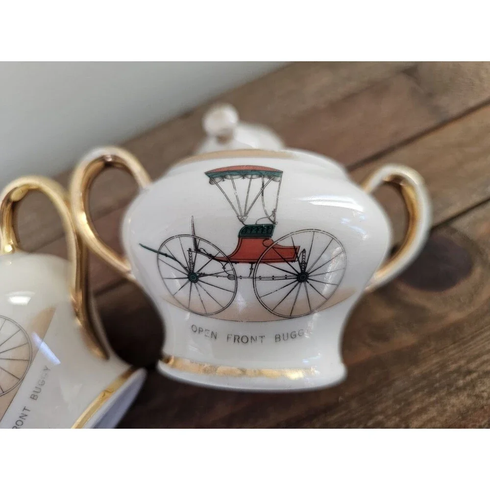 Small Vintage Kingwood China Creamer And Sugar Carriage Wagon Stagecoach Design